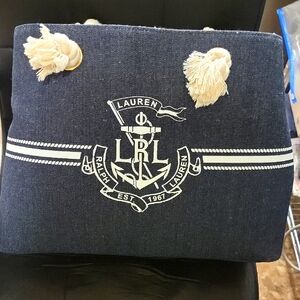 Lauren Ralph Lauren Denim Blue Tote with Cream Accents NWOT